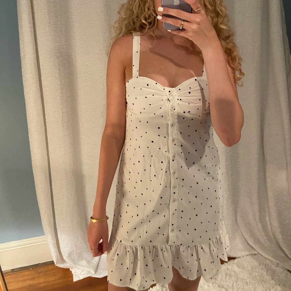 Black & white polka dot button mini dress